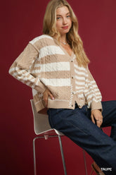 Umgee Cable-Knit Stripe Button-Up Cardigan OutfitFlow